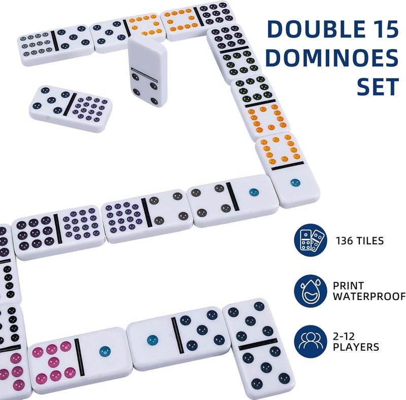 Offelec Double 15 Dominoes Set for Adults - Classic 136 Tiles Colored Dots Double Fifteen Dominos with Tin Box, Portable Domino Game - Ideal for Family Fun Game Night, Travel, Party - 2-8 Player Games - Image 5